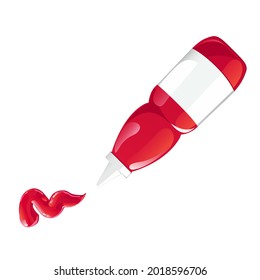 Tomato ketchup bottle. Red sauce container with white label isolated on whie background. Vector illustration in cartoon flat style.