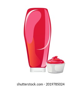 Tomato ketchup bottle. Red sauce container without label isolated on whie background. Vector illustration in cartoon flat style.