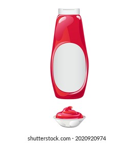 Tomato ketchup bottle. Red sauce container with white label isolated on whie background. Vector illustration in cartoon flat style.