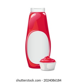 Tomato ketchup bottle. Red sauce container with white label isolated on whie background. Vector illustration in cartoon flat style.