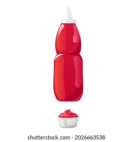 Tomato ketchup bottle. Red sauce container without label isolated on whie background. Vector illustration in cartoon flat style.