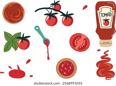 Tomato ketchup bottle. Sauce set of tomato, splash 