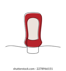 Tomato ketchup bottle vector one line continuous drawing illustration. Hand drawn linear silhouette icon. Minimal design, print, banner, brochure, menu, logo. Fast food, snack, meal.