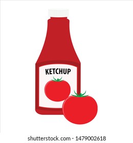 Tomato ketchup bottle and whole red tomato.