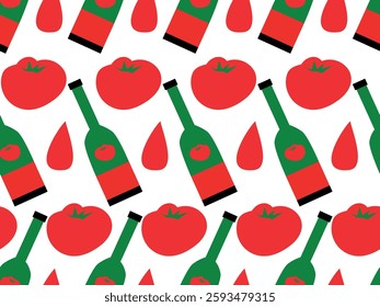 Tomato ketchup bottles, red drops, green glass. Seamless vector pattern for design and decoration .
