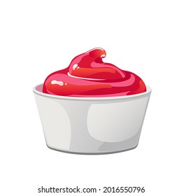 Tomato ketchup in bowl. Red sause with swirl in ramekin. Spice dressing, condiment in flat cartoon style. Vector illustration.