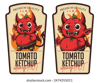 "Tomato Ketchup. Extremely hot. Premium quality" - Sauce design label. Vector illustration in engraving technique of cute little horned devil with wings. 