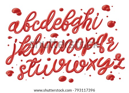 Tomato ketchup font set with drops isolated on white background. English alphabet made of sauce, liquid and glossy. Red abc set for poster, packaging, menu, cafe. Vector illustration.