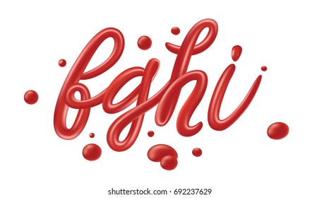 Tomato ketchup font set isolated on white background. Red alphabet set made of sauce, liquid and glossy. 3D realistic design elements for poster, packaging, menu, cafe. Vector illustration.