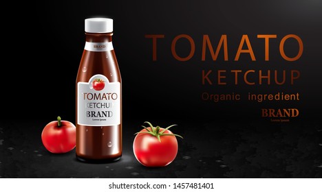 Tomato ketchup with fresh fruit and black background