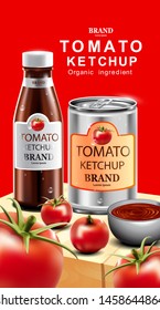 Tomato ketchup with fresh fruit and red background