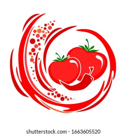 Tomato ketchup. Fresh ripe red whole tomato vegetable with chili pepper. Sketch icon. Tomato juice splash. Ketchup emblem. Tomato with splashing juice illustration isolated on white. Vector