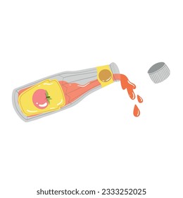 Tomato ketchup glass bottle. Ketchup spills out. Fast food. Isolated vector illustration