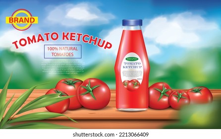 tomato ketchup glass bottle and tomatoes design template,ad design 3d illustration.beautiful natural outdoor background.