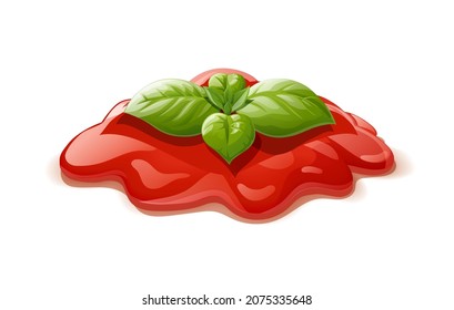 Tomato ketchup with green basil leaf. Isolated on white background. Eps10 vector illustration.