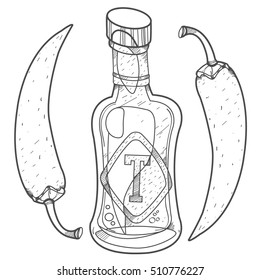 Tomato. Ketchup with hot pepper. Hot sauce. Illustrations coloring.