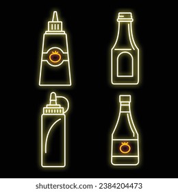 Tomato ketchup icon set. Outline set of tomato ketchup vector icons neon color on black