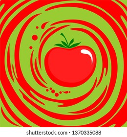 Tomato ketchup. Tomato label. Vegetable logo. Ripe red tomato.  Sticker of natural product tomatoes.  Flat color style design. Tomato ketchup emblem. Vector Illustration