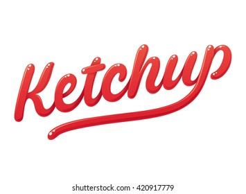 Tomato ketchup lettering. Modern typography with shiny red letters handwritten in ketchup. 