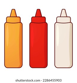Tomato ketchup, mayonnaise, mustard sauce, or BBQ sauce. A sauce bottle with various types of sauces. Kawaii sauce pack in plastic container. Isolated vector illustration. Cartoon style.