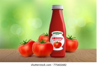 TOMATO KETCHUP WITH TOMATO. IN NATURAL GREEN BACKGROUND. VECTOR