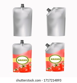 Tomato ketchup packaging mockup set, vector illustration isolated on white background. Realistic blank and with tomato ketchup label stand up pouch doypack plastic bag templates.