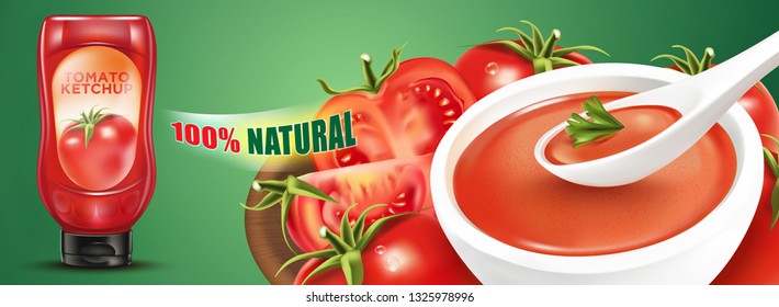 Tomato ketchup with packaging and refreshing tomatoes elements on wooden plate, solid color background, Realistic vector 3d illustration. Of free space for your texts and branding.