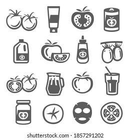 Tomato, ketchup, paste bold black silhouette and line icons set isolated on white. Jar, tube, glass, juice pictograms collection. Slices, face mask, organic food vector elements for infographic, web.