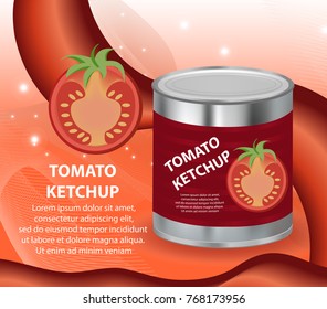 Tomato ketchup, tomato paste in a tin can, 3d realistic style. Canned red sauce. Mock-up for your product design. Vector illustration
