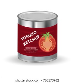Tomato ketchup, tomato paste in a tin can, 3d realistic style. Canned red sauce. Mock-up for your product design. Vector illustration