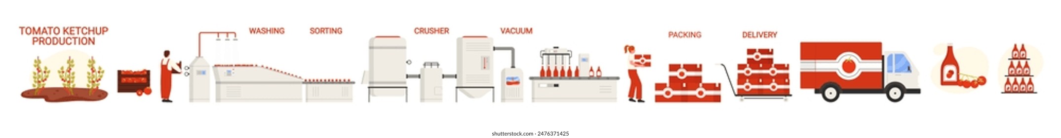 Producción de kétchup de tomate, industria alimentaria, etapas de fabricación establecidas. Línea de procesamiento de la cosecha en el campo de la granja, clasificación para hacer salsa en la trituradora, embalaje y entrega de Ilustración vectorial de dibujos animados