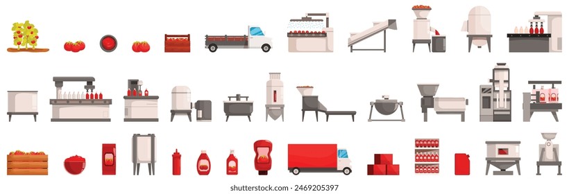 Tomato Ketchup Production icons set vector. A series of images depicting various food processing and packaging facilities. The images include a truck, a conveyor belt, a machine, and a refrigerator