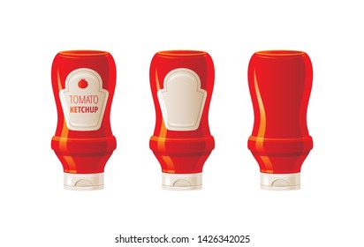 Tomato Ketchup Sauce. 3 Hot Sauces Set. Food Icons With Text Logo Packaging, Empty Label, Blank Mock Up. Plastic Squeeze Bottle, 3d Realistic Ketchup, Vector Illustration Isolated On White Background