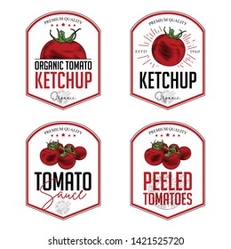 Tomato ketchup, sauce  badge label design set. Vector hand drawn illustration of tomatoes in engraving technique. Vintage shield form templates for tomato sauce packaging. 