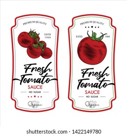 Tomato ketchup, sauce  badge label design set. Vector hand drawn illustration of tomatoes in engraving technique. Vintage templates for tomato sauce packaging. 
