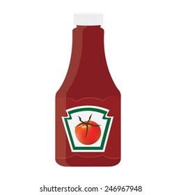 Tomato ketchup, sauce bottle vector icon, with label, sticker