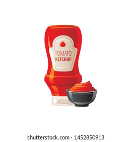 Tomato ketchup sauce. Hot sauce bottle with bowl. Food icons with text logo packaging, label mock up. Plastic squeeze bottle, 3d realistic ketchup, vector illustration isolated on white background