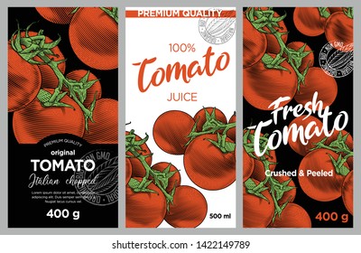 Tomato Ketchup, Sauce, Juice Badge Label Design Set. Vector Hand Drawn Illustration Of Ripe Tomatoes In Engraving Technique. Stylish Vintage Templates For Tomato Sauce Packaging. 