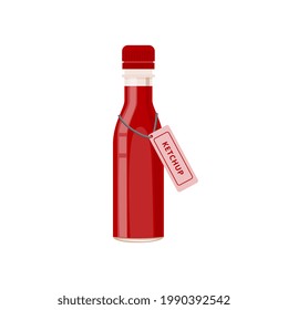 Tomato ketchup sauce in plastic or glass bottle with label tag- flat icon isolated on white background. Vector illustration of red bottled condiment.