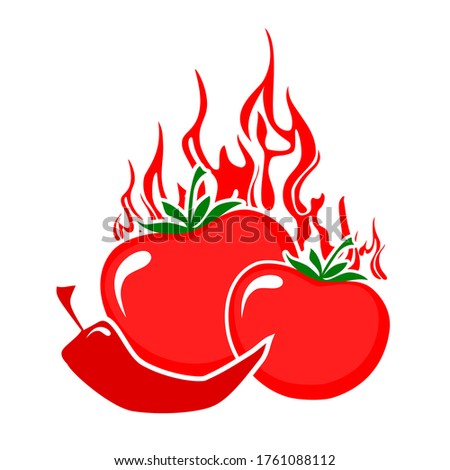Tomato ketchup sauce served pepper. Fresh ripe red whole tomato vegetable with chili pepper. Sketch icon.  Ketchup emblem. Poster template. Fire Hot Chili logo design. Adjika. Vector illustration 