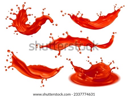 Tomato ketchup sauce splashes or red liquid tomato juice, vector realistic isolated 3d. Red fruit flow or tomato ketchup splash for food background with texture, ketchup spill from bottle with drops Stock foto © 