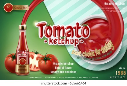 Tomate ketchup tiro fora da garrafa de vidro, fundo verde ilustração 3d