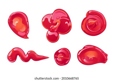 Tomato ketchup splashes, stains and drops set. Red food condiment. Vector elements in flat cartoon style.