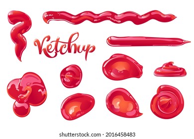 Tomato ketchup splashes, stains and drops set. Red food condiment. Vector elements in flat cartoon style.