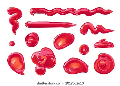 El ketchup de tomate se salpicó, manchas y gotas. Enfermedad de la comida roja. Elementos vectoriales de dibujos animados planos.