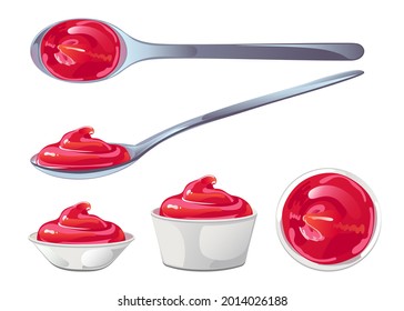 Tomato ketchup spoon and bowls set. Red spicy condiment design element in flat cartoon shiny style. Vector illustration