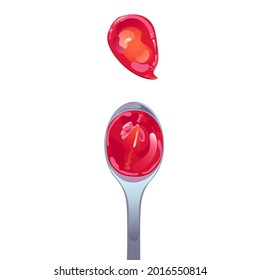 Tomato ketchup in spoon. Red spicy sauce in swirl form. Vector illustration in flat cartoon design.