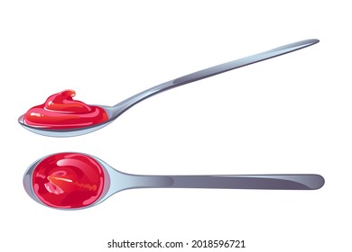 Tomato ketchup in spoon. Red spicy sauce in swirl form. Vector illustration in flat cartoon design.