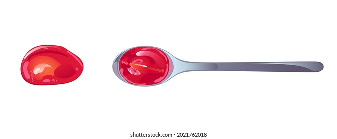 Tomato ketchup in spoon. Red spicy sauce in swirl form. Vector illustration in flat cartoon design.
