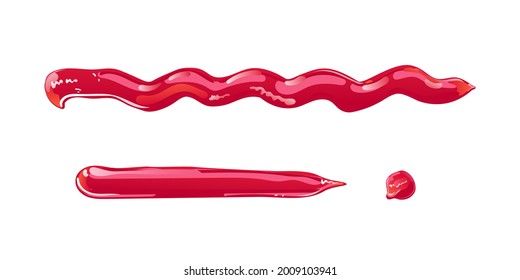 Tomato ketchup stain zigzag line. Red food condiment. Vector elements in flat cartoon style.